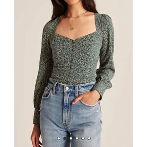 Abercrombie Fitch Green Floral Square Neck Long Sleeve Smocked Crop Top Women XS